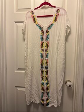 White Embroidered V-Neck Swim Coverup